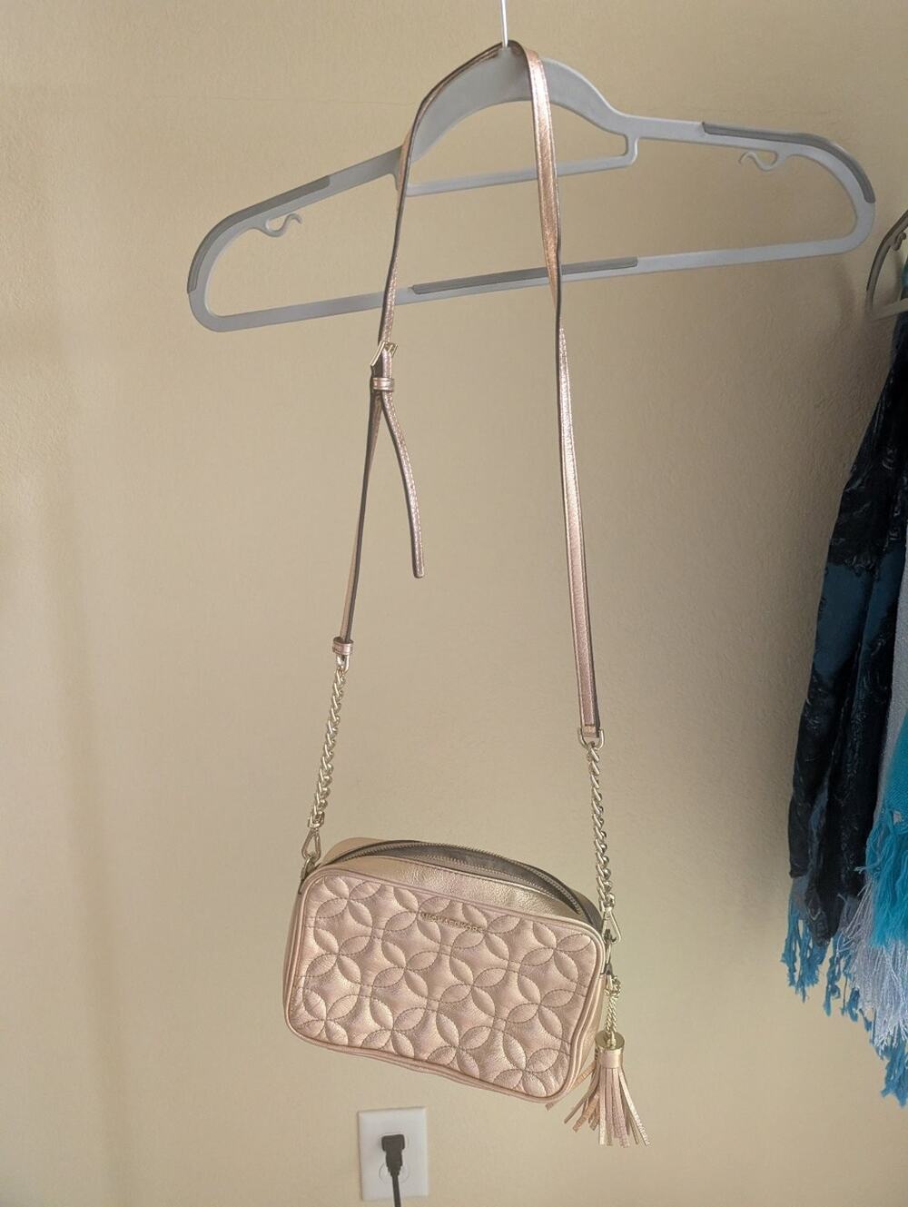 Michael Kors Rose Gold Quilted Metallic Leather Crossbody Bag Purse Small